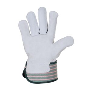 Top Grade Cow Split Canadian Rigger Glove with Red Green Stripped Cuff Back