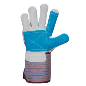 Top Grade Cow Split Canadian Rigger Glove with Blue Split reinforcement on Palm and Show Finger